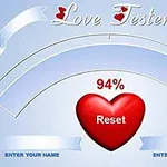 Czerwone serce z napisem Reset na jasnoniebieskim tle, z wskaźnikiem miłości na poziomie 94% oraz miejscami do wpisania imion po obu stronach