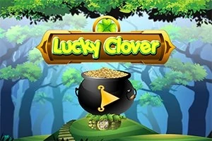 Kocioł wypełniony złotem, otoczony zielonymi drzewami, z napisem Lucky Clover i motywem czterolistnej koniczyny