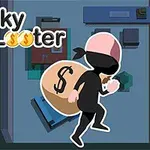 Postać złodzieja z workiem pieniędzy na ciemnym tle w pomieszczeniu z meblami oraz napis „Lucky Looter”