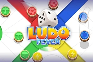 Plansza z kolorowymi pionkami i kostką do gry, na środku napis Ludo Fever
