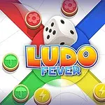 Plansza z kolorowymi pionkami i kostką do gry, na środku napis Ludo Fever