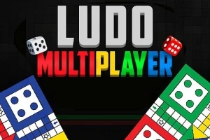 Grafika z kolorowymi napisami LUDO MULTIPLAYER oraz dwoma kostkami i planszami do gry w czterech kolorach: niebieskim, czerwonym, zielonym i żółtym