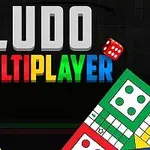 Grafika z kolorowymi napisami LUDO MULTIPLAYER oraz dwoma kostkami i planszami do gry w czterech kolorach: niebieskim, czerwonym, zielonym i żółtym