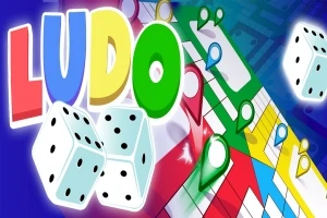 Kolorowe litery LUDO, dwie kości do gry i plansza z pionkami w kolorach czerwonym, zielonym, żółtym i niebieskim