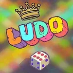 Kolorowy napis LUDO z koroną nad nim i kostką do gry na tle wielobarwnych kwadratów