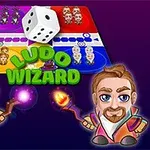 Dwaj animowani czarodzieje z różdżkami przed planszą do gry i kostką, napis Ludo Wizard