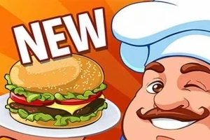 Kucharz w czapce kucharskiej mrugający okiem obok hamburgera na pomarańczowym tle z napisem NEW