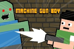 Pikselowa grafika przedstawiająca postać z bronią, strzelającą do zielonego potwora na tle ceglanej ściany, z napisem Machine Gun Boy u góry