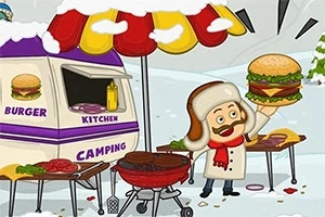 Mężczyzna w zimowej scenerii przy stoisku z burgerami, trzymający hamburgera, obok grilla i kampera