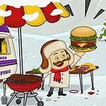 Mężczyzna w zimowej scenerii przy stoisku z burgerami, trzymający hamburgera, obok grilla i kampera