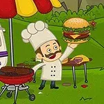 Kucharz w czapce kucharskiej trzymający dużego burgera, stojący obok grilla i food trucka na tle obozowiska z kolorowymi parasolami