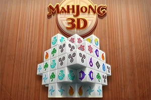 Trójwymiarowa układanka z białych klocków o różnych kolorowych symbolach umieszczona na drewnianym tle z napisem MAHJONG 3D powyżej