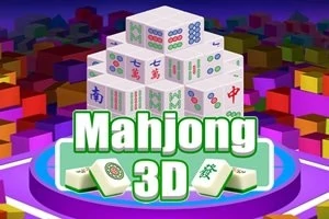 Stos kart Mahjong z napisem Mahjong 3D na kolorowym tle z geometrycznymi kształtami