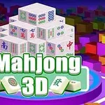 Stos kart Mahjong z napisem Mahjong 3D na kolorowym tle z geometrycznymi kształtami