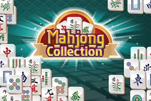 Logo „Mahjong Collection na tle zielonego promienistego wzoru, otoczone kafelkami mahjonga