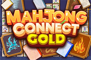 Kolorowy napis „Mahjong Connect Gold otoczony kafelkami mahjonga i kartami z symbolami ognia oraz lodu