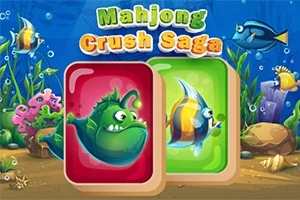 Podwodne tło z kolorowymi rybami i dwoma kartami z rybami, w tym jedna zielona i jedna kolorowa, z napisem Mahjong Crush Saga na górze