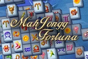 Stosy płytek z symbolami zodiaku z napisem Mahjongg Fortuna na niebieskim tle