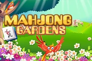 Kolorowy obrazek z napisem MAHJONG GARDENS, w otoczeniu kwiatów, drzew, i ptaków na tle jasnego nieba
