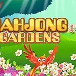 Kolorowy obrazek z napisem MAHJONG GARDENS, w otoczeniu kwiatów, drzew, i ptaków na tle jasnego nieba