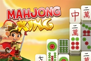 Postać kreskówkowej małpy w stroju wojownika z napisem MAHJONG KING na tle stosu płytek mahjong