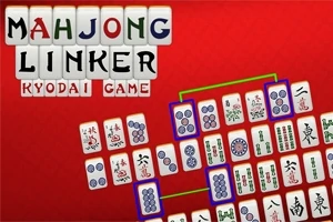 Nazwa Mahjong Linker Kyodai Game na czerwonym tle z widocznymi kafelkami mahjonga po prawej stronie