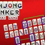 Nazwa Mahjong Linker Kyodai Game na czerwonym tle z widocznymi kafelkami mahjonga po prawej stronie