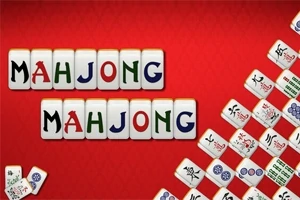 Białe kafelki z literami układającymi się w słowo MAHJONG na czerwonym tle, otoczone innymi kafelkami z symbolami