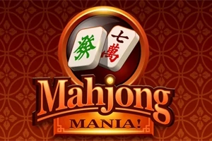 Dwie płytki mahjonga z chińskimi znakami na tle wzoru w czerwono-brązowych odcieniach z napisami Mahjong Mania!