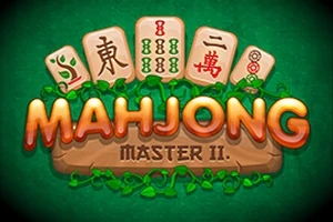Graficzne przedstawienie kilku płytek mahjonga ułożonych nad stylizowanym napisem MAHJONG MASTER II na zielonym tle
