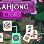 Napis Mahjong Remix z grafiką przedstawiającą kilka płytek mahjonga z różnymi wzorami na tle zielonych liści i płatków róż