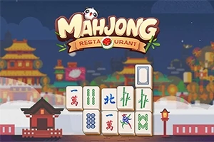 Stylizowany chiński krajobraz z pagodami w tle, na pierwszym planie kafelki do gry z kolorowymi symbolami i dużym napisem „Mahjong Restaurant”