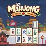 Stylizowany chiński krajobraz z pagodami w tle, na pierwszym planie kafelki do gry z kolorowymi symbolami i dużym napisem „Mahjong Restaurant”