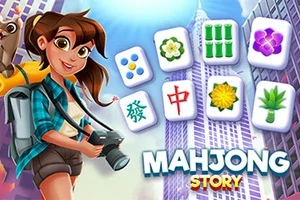 Młoda kobieta z aparatem fotograficznym na tle drapaczy chmur i kafelków Mahjong