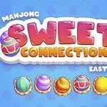 Kolorowy napis Sweet Connection w otoczeniu wielkanocnych jajek z kolorowymi wzorami na niebieskim tle