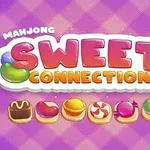 Kolorowy napis Sweet Connection na fioletowym tle w kratkę z grafikami słodyczy poniżej