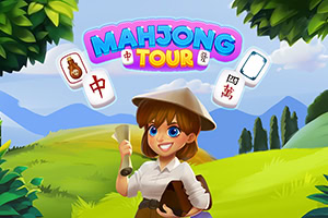 Kolorowy rysunek uśmiechniętej dziewczyny w kapeluszu, trzymającej zwój, na tle zielonych wzgórz i gór, z dużym napisem „MAHJONG TOUR oraz unoszącymi się kafelkami z chińskimi znakami