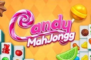 Kolorowe słodycze, takie jak lizaki i żelki, otaczają napis Candy MahJongg na tle w kształcie rombów