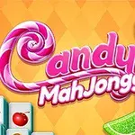 Kolorowe słodycze, takie jak lizaki i żelki, otaczają napis Candy MahJongg na tle w kształcie rombów