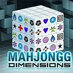 Sześcian utworzony z płytek z różnorodnymi symbolami na tle szaro-niebieskich sześcianów, z napisem Mahjongg Dimensions u dołu