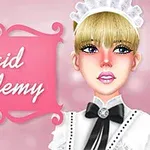 Postać kobiety w stroju pokojówki na tle różowego szyldu z napisem Maid Academy