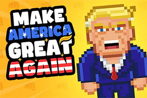 Pikselowa postać mężczyzny w niebieskim garniturze obok napisu MAKE AMERICA GREAT AGAIN na żółtym tle