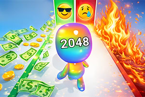 Kolorowa postać z napisem „2048 biegnie po torze między latającymi banknotami i monetami a ścianą ognia