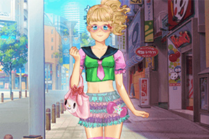 Młoda, anime dziewczyna o blond włosach i okularach nosi kolorowy, modny strój i spaceruje po miejskiej ulicy pełnej sklepów w pastelowych odcieniach