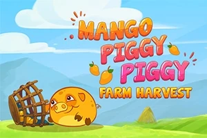 Graficzne tło z okrągłą, uśmiechniętą świnką i tytułem Mango Piggy Piggy Farm Harvest na tle nieba i zielonego krajobrazu