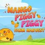 Graficzne tło z okrągłą, uśmiechniętą świnką i tytułem Mango Piggy Piggy Farm Harvest na tle nieba i zielonego krajobrazu