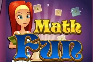 Postać kobiety z długimi rudymi włosami obok napisu Math Fun na kolorowym tle z symbolami matematycznymi