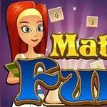 Postać kobiety z długimi rudymi włosami obok napisu Math Fun na kolorowym tle z symbolami matematycznymi