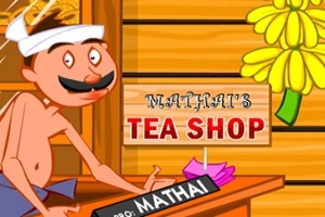 Uśmiechnięty mężczyzna z wąsami w białym turbanie przy ladzie herbaciarni z napisem Mathais Tea Shop na drewnianej tabliczce, obok żółty kwiat