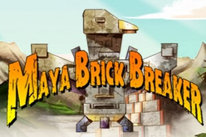 Kolorowy rysunek kamiennej wieży z klocków wśród gór, z dużym napisem „Maya Brick Breaker na pierwszym planie